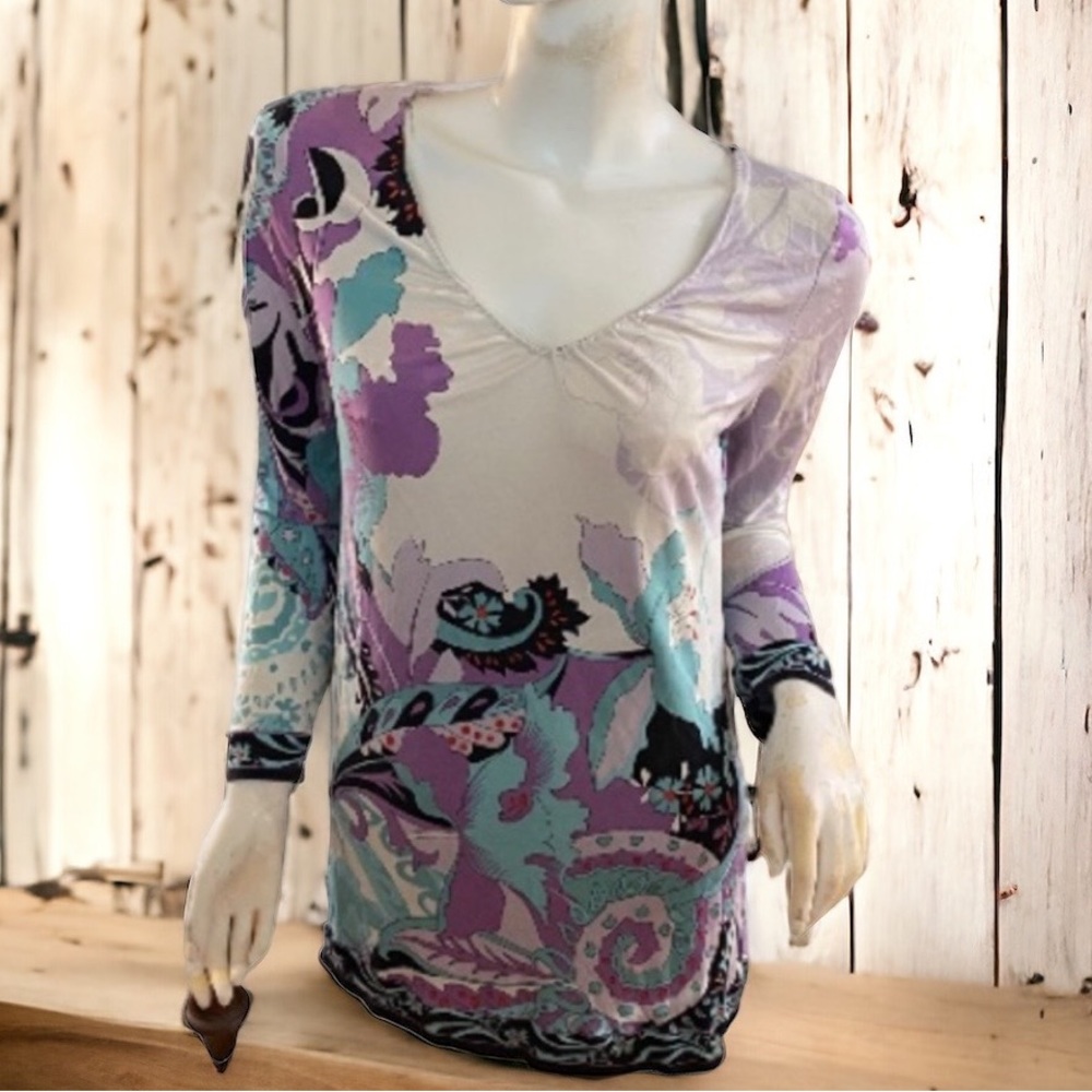 ❄️ 50% off winter Elie Tahari purple blue silk floral paisley bohemian top M